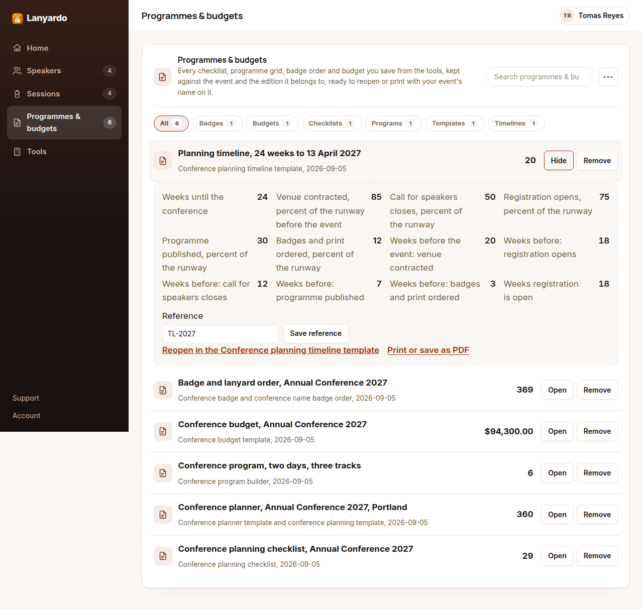 The Lanyardo record signed in, on the Programmes & budgets tab, with a saved planning timeline for twenty-four weeks opened: the shares of the run-up at which the venue, registration, call for papers, program and print each fall due, and the week each lands on